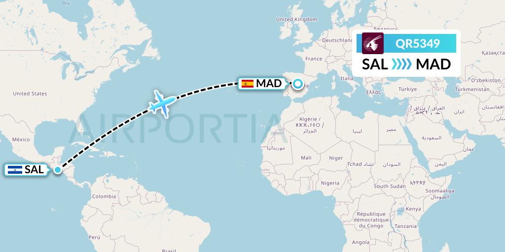 QR5349 Qatar Airways Flight Map: San Salvador to Madrid
