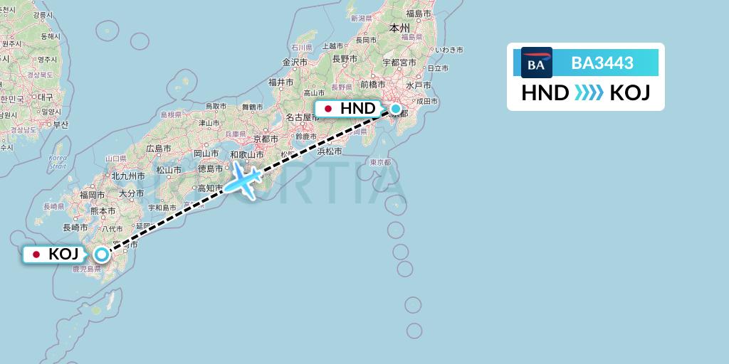 BA3443 British Airways Flight Map: Tokyo to Kagoshima
