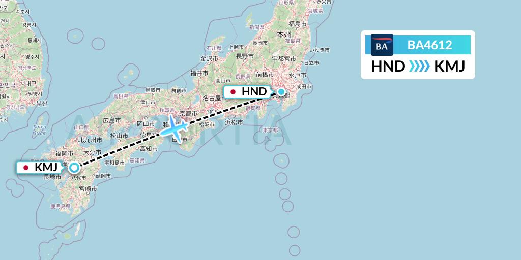 BA4612 British Airways Flight Map: Tokyo to Kumamoto