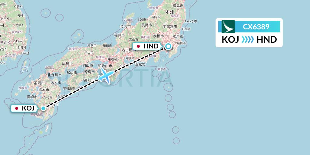 CX6389 Cathay Pacific Flight Map: Kagoshima to Tokyo