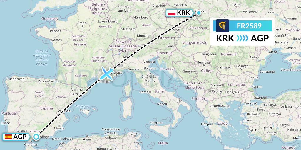 FR2589 Ryanair Flight Map: Krakow to Malaga