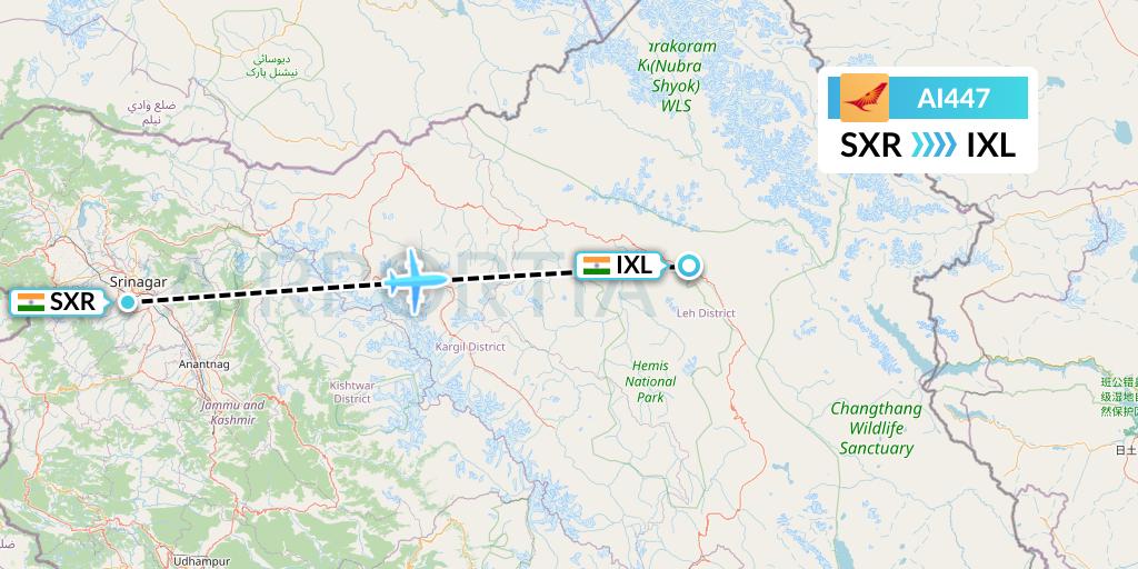 AI447 Air India Flight Map: Srinagar to Leh