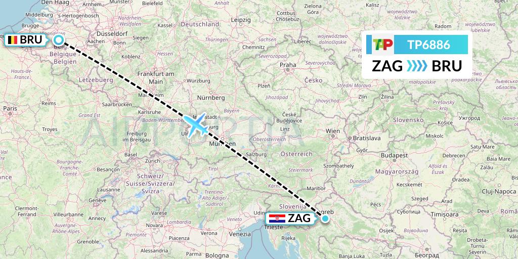 TP6886 TAP Portugal Flight Map: Zagreb to Brussels