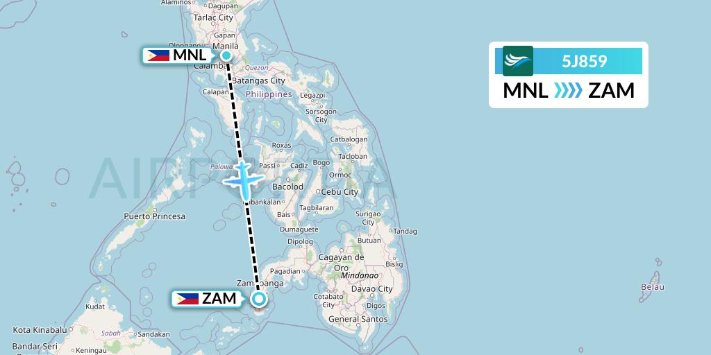 5J859 CEBU Pacific Air Flight Map: Manila to Zamboanga