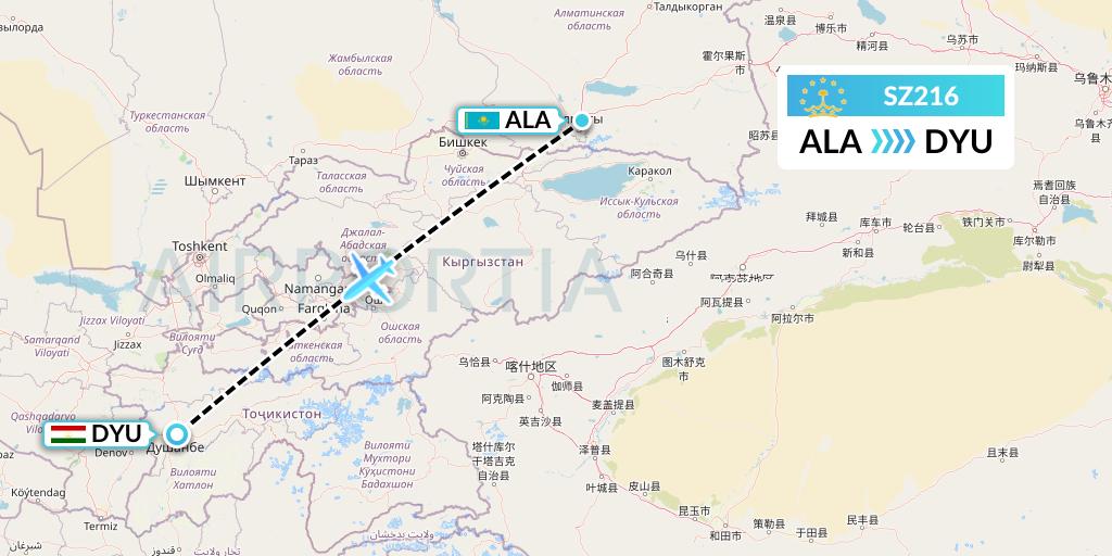 SZ216 Somon Air Flight Map: Almaty to Dushanbe