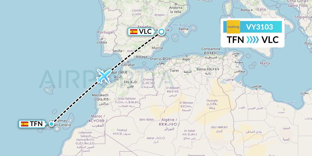 VY3103 Vueling Flight Map: Tenerife to Valencia