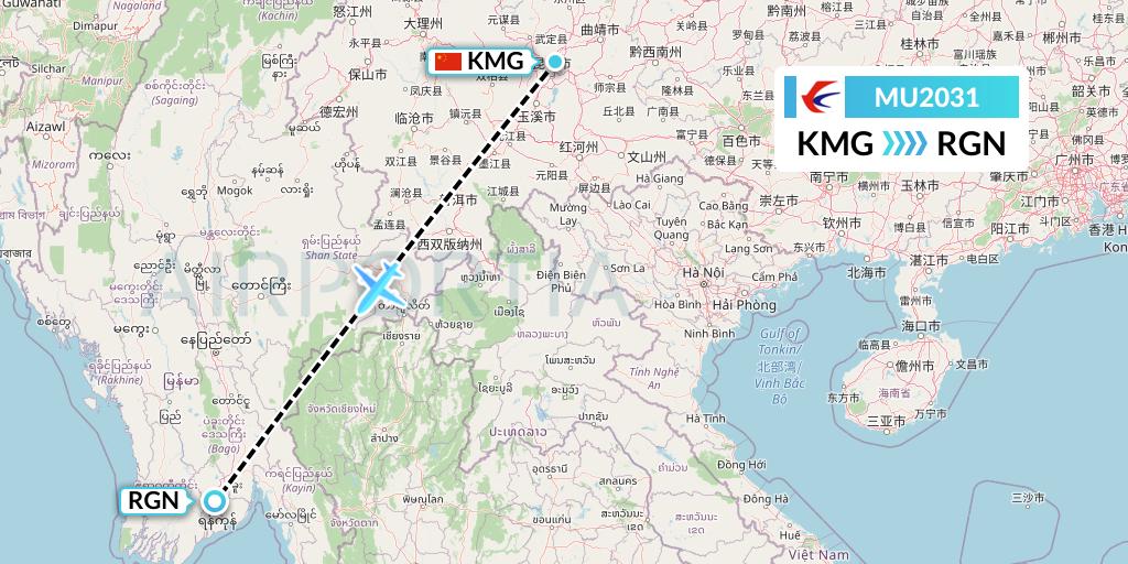 MU2031 China Eastern Airlines Flight Map: Kunming to Yangon