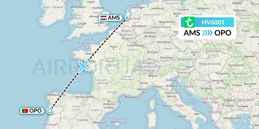 HV6001 Transavia Flight Map: Amsterdam to Porto
