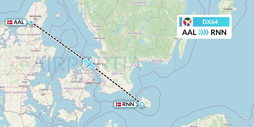 DX64 Danish Air Transport Flight Map: Aalborg to Ronne