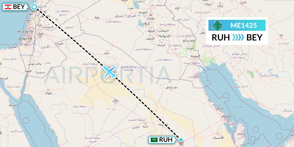 ME1425 MEA Flight Map: Riyadh to Beirut