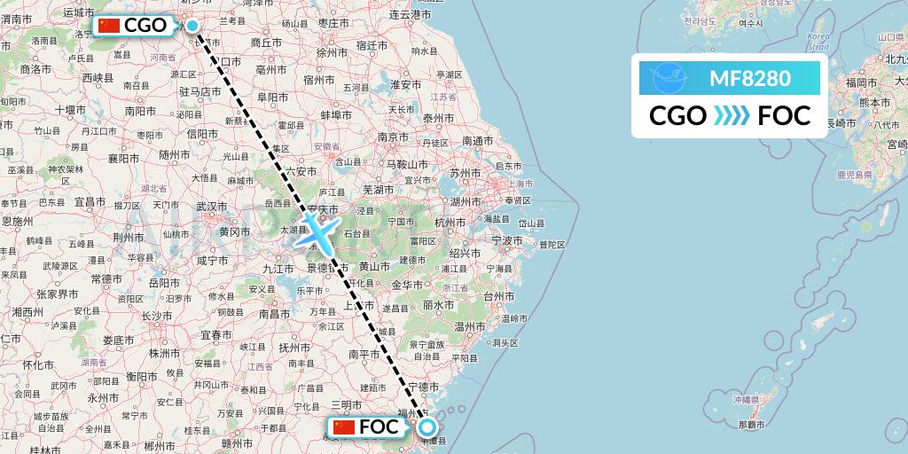 MF8280 Xiamen Airlines Flight Map: Zhengzhou to Fuzhou