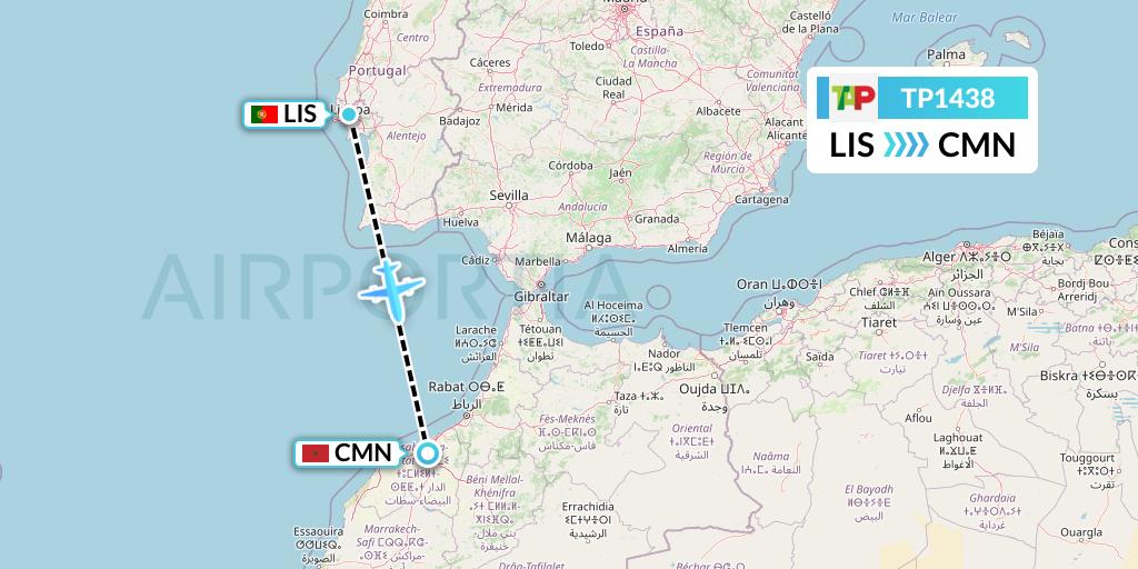 TP1438 TAP Portugal Flight Map: Lisbon to Casablanca