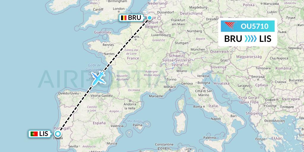 OU5710 Croatia Airlines Flight Map: Brussels to Lisbon