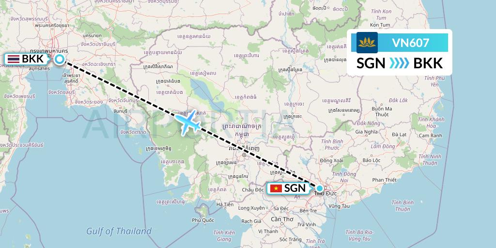 VN607 Vietnam Airlines Flight Map: Ho Chi Minh City to Bangkok