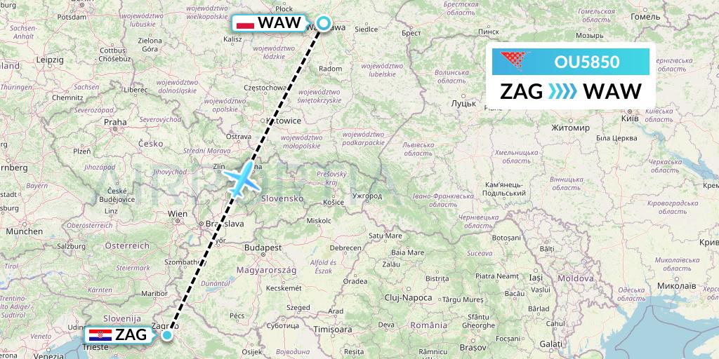 OU5850 Croatia Airlines Flight Map: Zagreb to Warsaw
