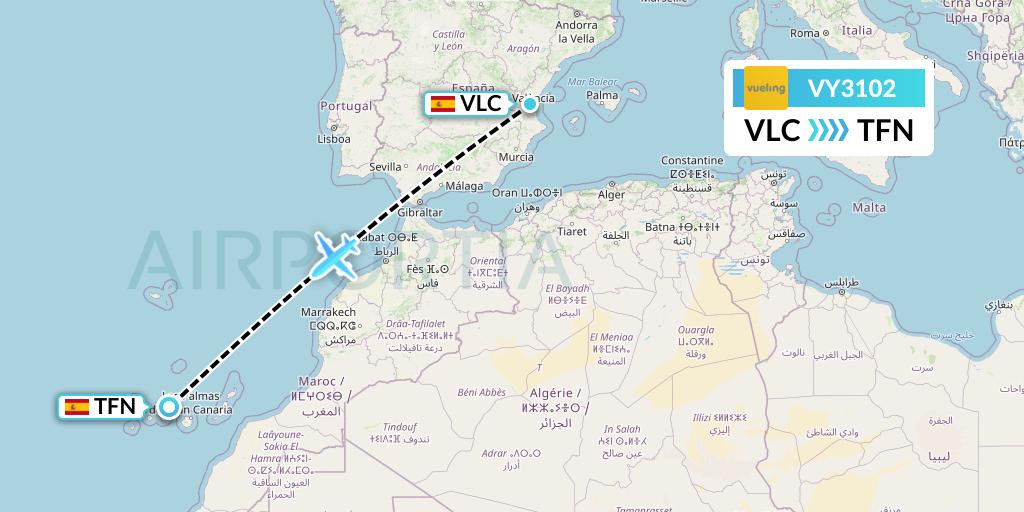 VY3102 Vueling Flight Map: Valencia to Tenerife