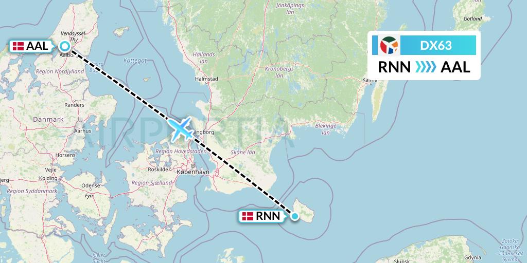 DX63 Danish Air Transport Flight Map: Ronne to Aalborg