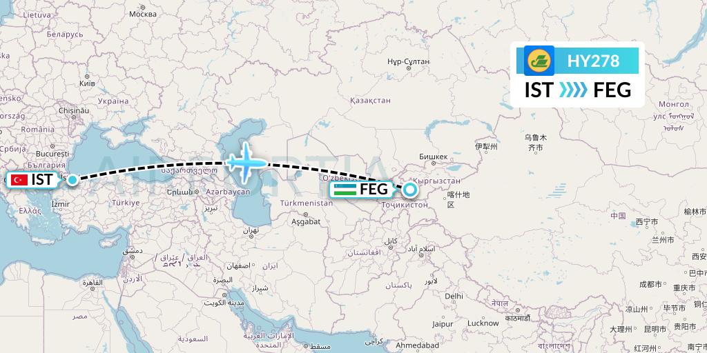 HY278 Uzbekistan Airways Flight Map: Istanbul to Fergana