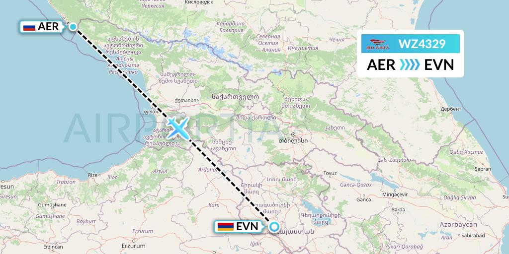 WZ4329 Red Wings Flight Map: Sochi to Yerevan