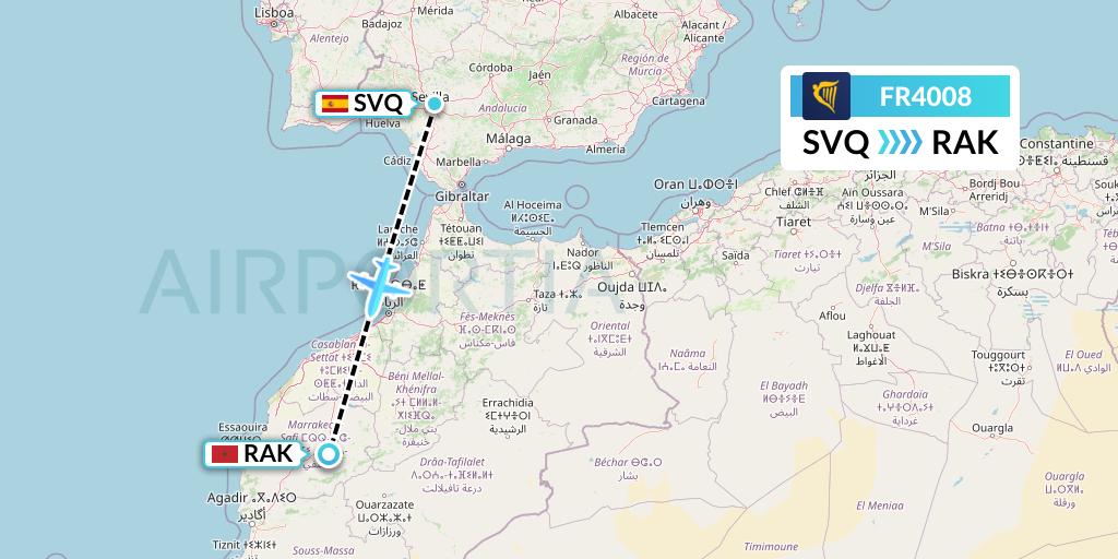 FR4008 Ryanair Flight Map: Seville to Marrakesh