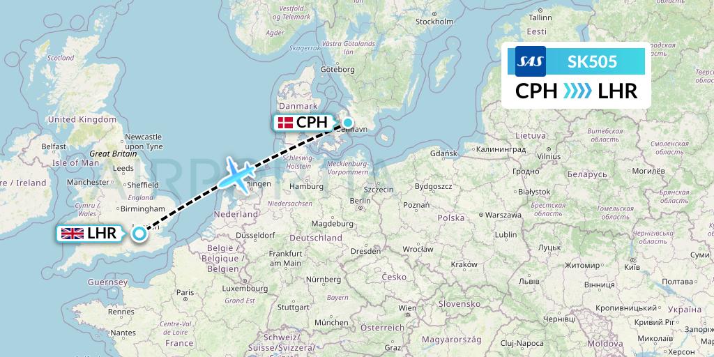 SK505 SAS Flight Map: Copenhagen to London