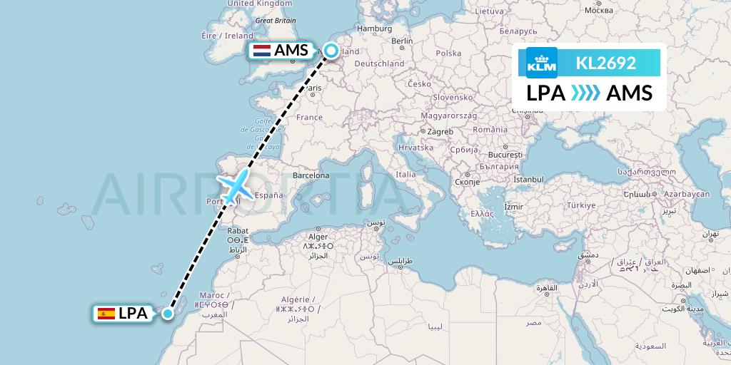 KL2692 KLM Flight Map: Las Palmas to Amsterdam