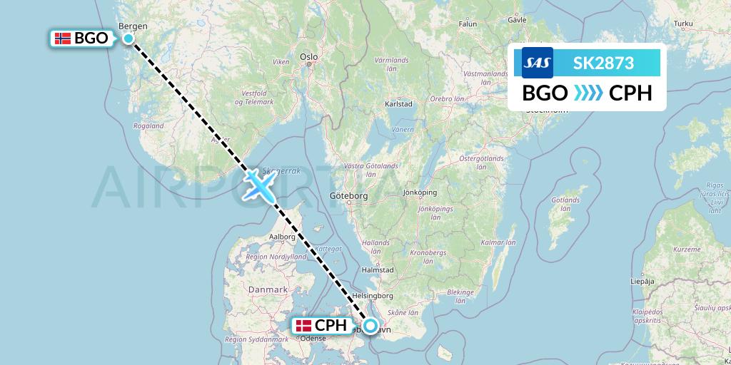 SK2873 SAS Flight Map: Bergen to Copenhagen