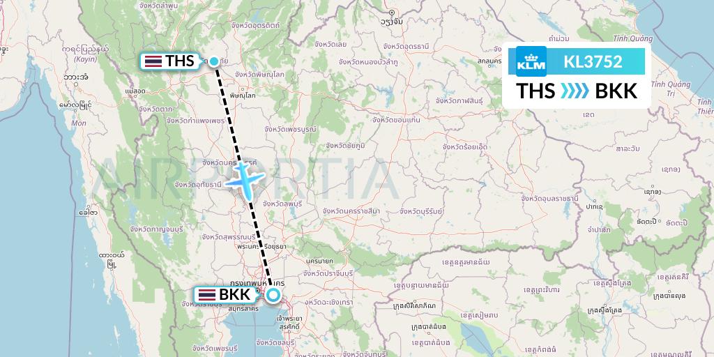 KL3752 KLM Flight Map: Sukhothai to Bangkok