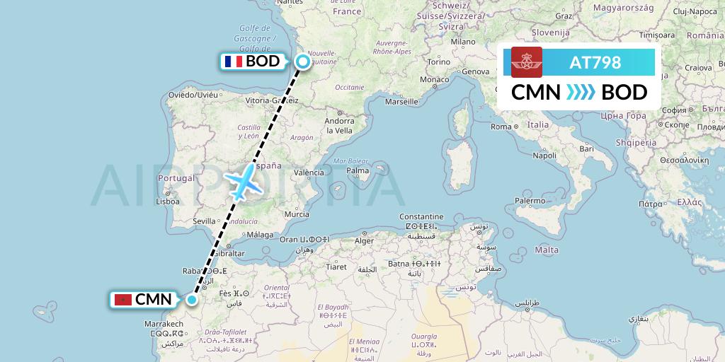 AT798 Royal Air Maroc Flight Map: Casablanca to Bordeaux