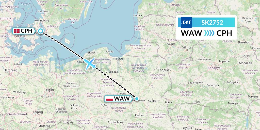 SK2752 SAS Flight Map: Warsaw to Copenhagen