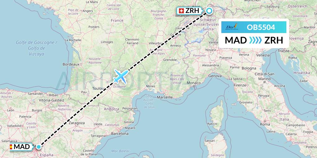 OB5504 Boliviana de Aviacion Flight Map: Madrid to Zurich
