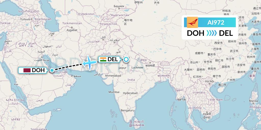 AI972 Air India Flight Map: Doha to Delhi