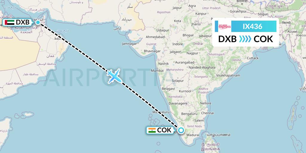 IX436 Air India Express Flight Map: Dubai to Cochin