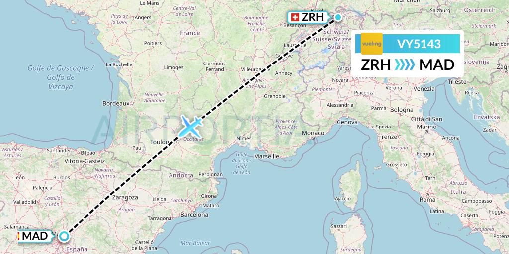 VY5143 Vueling Flight Map: Zurich to Madrid