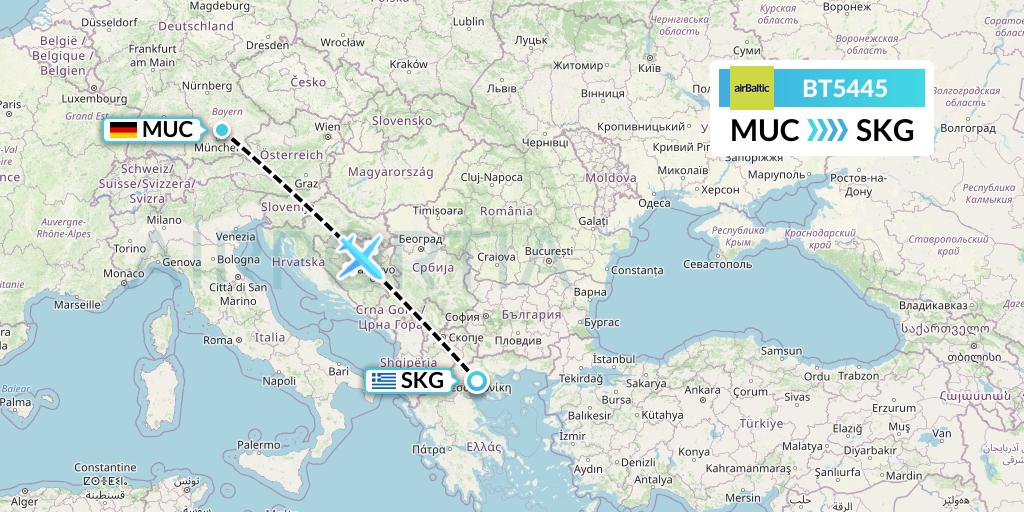 BT5445 Air Baltic Flight Map: Munich to Thessaloniki