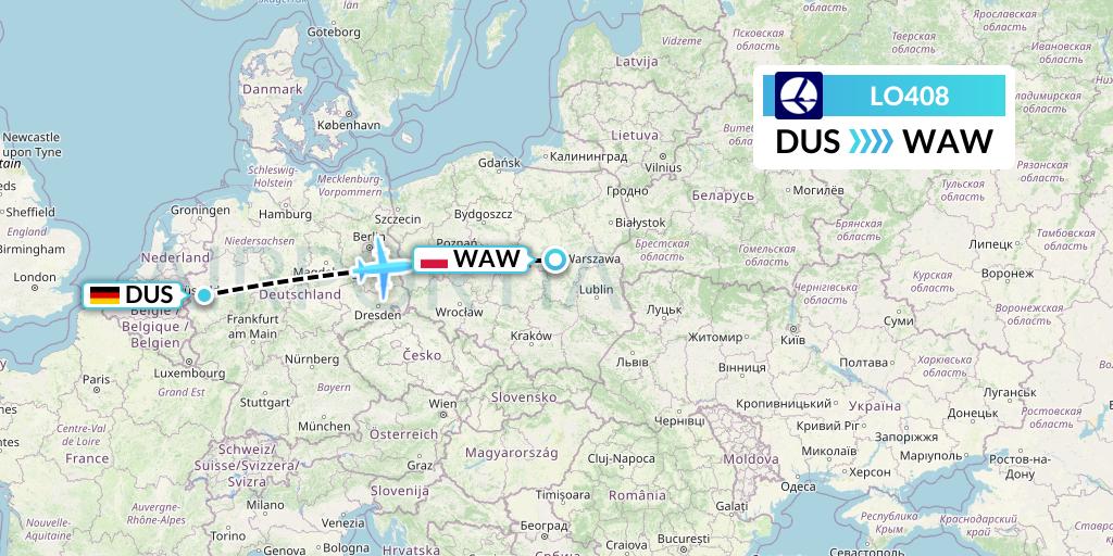 LO408 LOT Flight Map: Dusseldorf to Warsaw