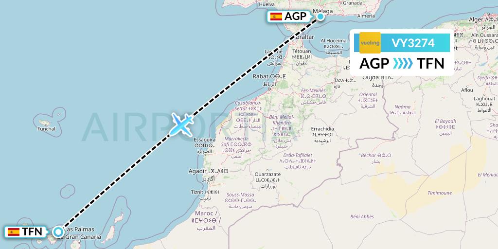 VY3274 Vueling Flight Map: Malaga to Tenerife