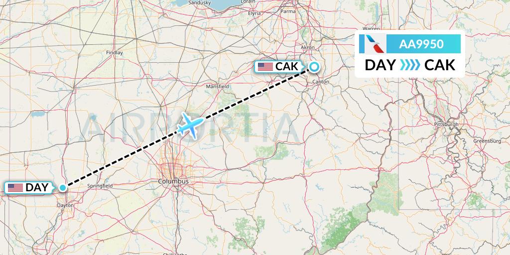AA9950 American Airlines Flight Map: Dayton to Akron
