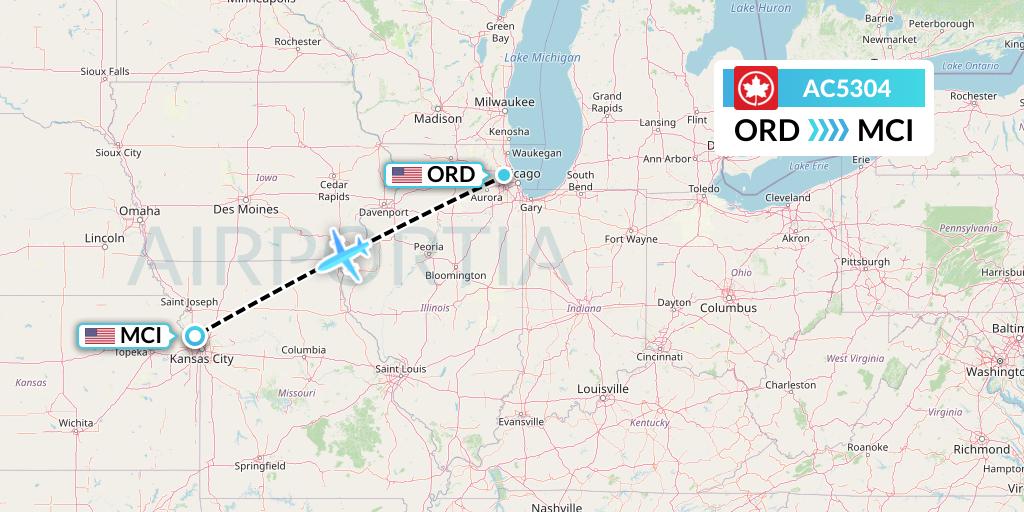 AC5304 Air Canada Flight Map: Chicago to Kansas City