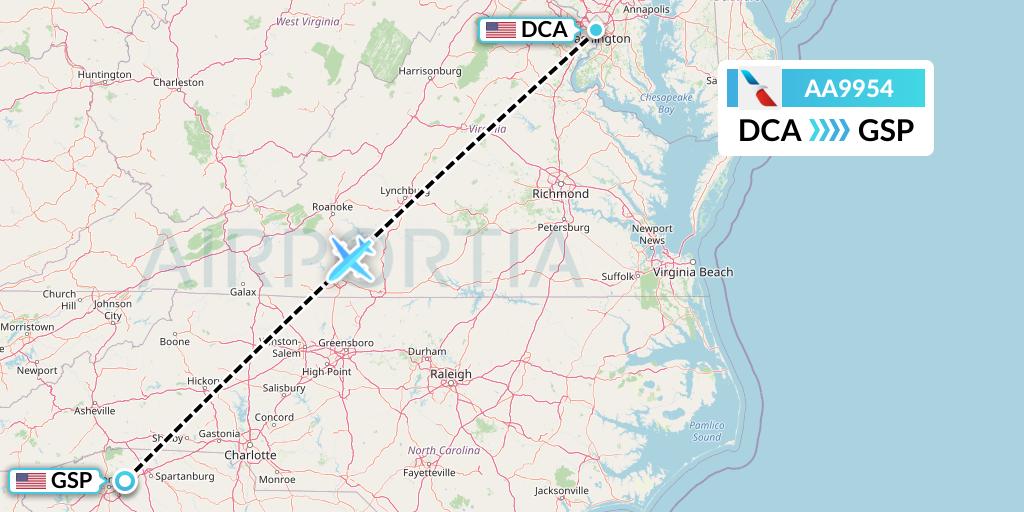 AA9954 American Airlines Flight Map: Washington to Greenville-Spartanburg