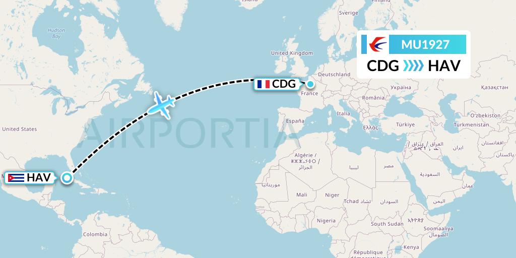 MU1927 China Eastern Airlines Flight Map: Paris to Havana