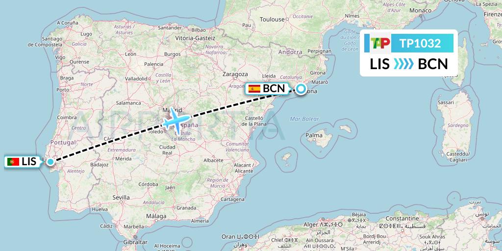 TP1032 TAP Portugal Flight Map: Lisbon to Barcelona