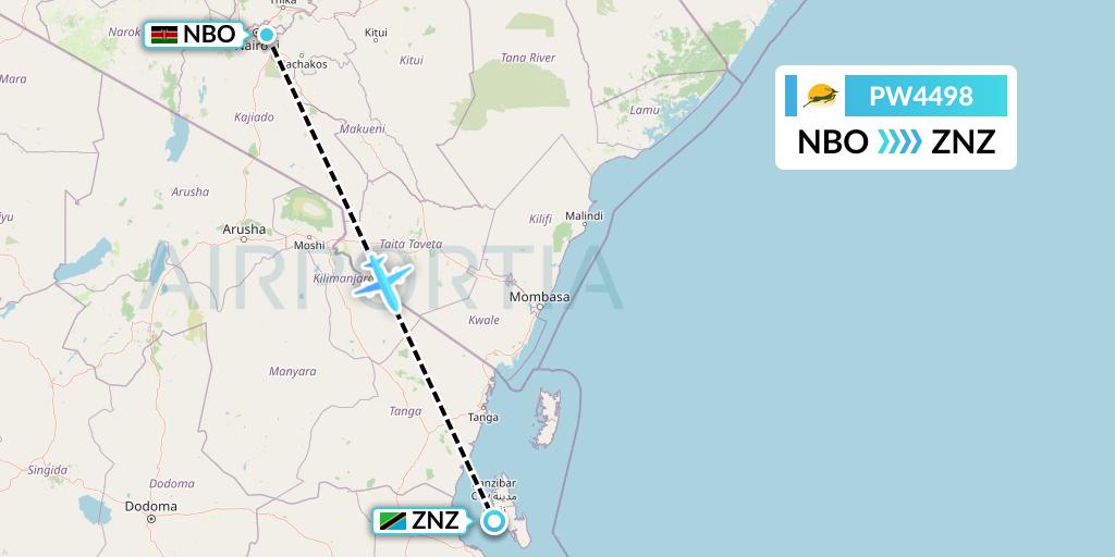 PW4498 Precision Air Flight Map: Nairobi to Zanzibar