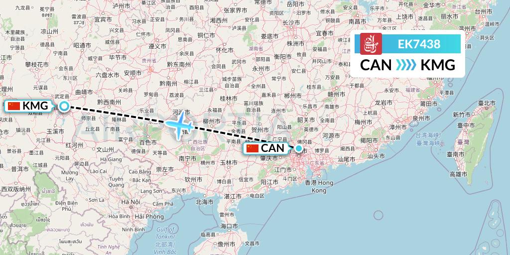 EK7438 Emirates Flight Map: Guangzhou to Kunming