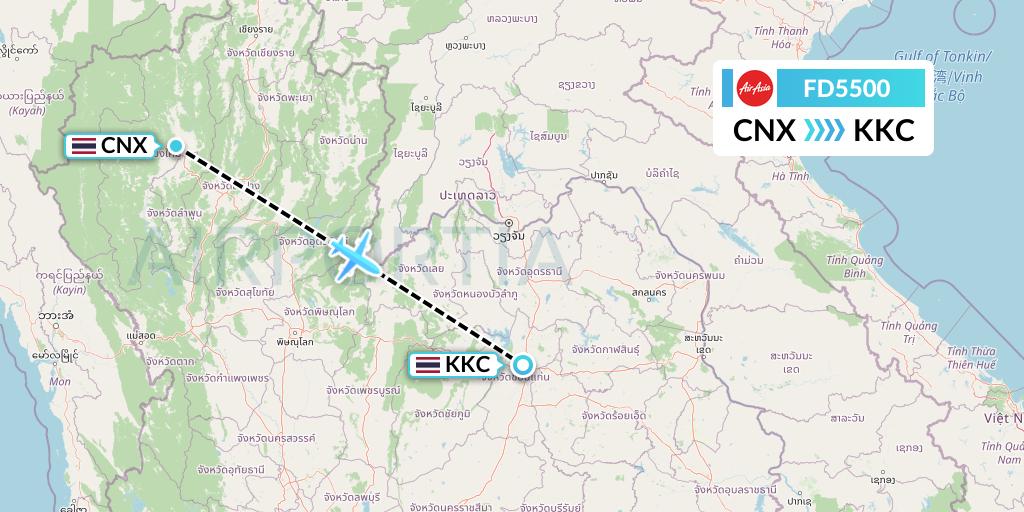 FD5500 Thai AirAsia Flight Map: Chiang Mai to Khon Kaen