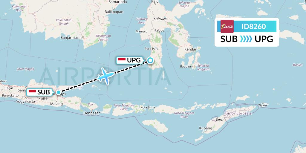 ID8260 Batik Air Flight Map: Surabaya to Makassar