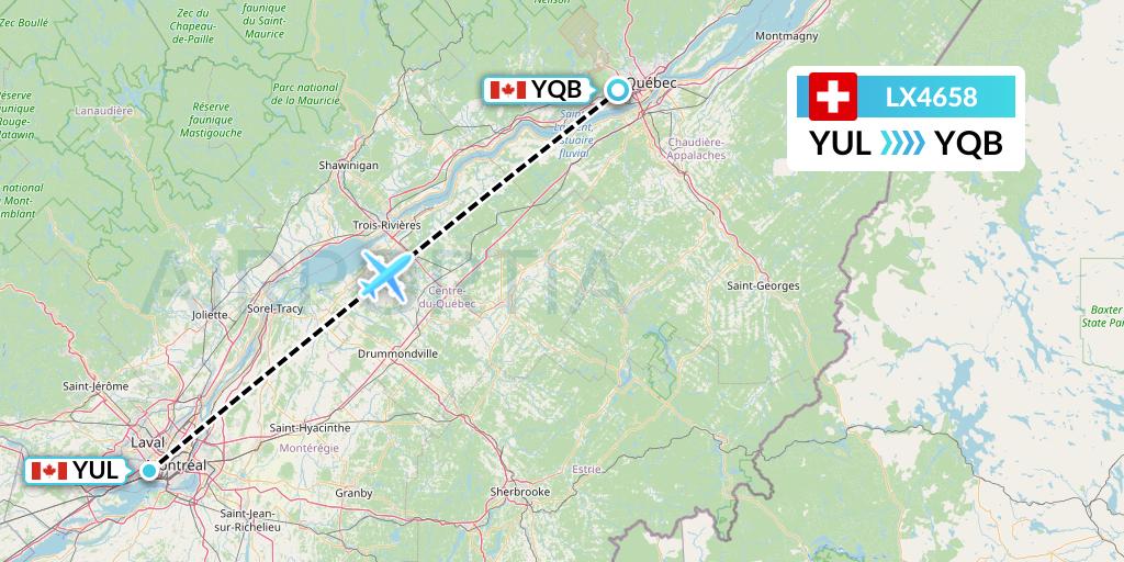 LX4658 Swiss Flight Map: Montreal to Quebec