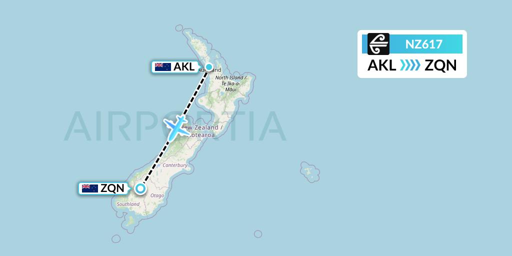 NZ617 Air New Zealand Flight Map: Auckland to Queenstown