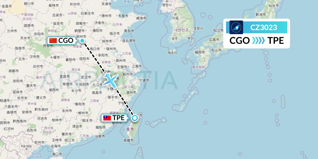 CZ3023 China Southern Airlines Flight Map: Zhengzhou to Taipei
