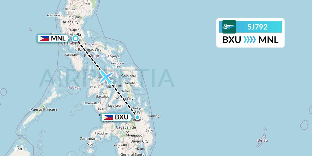 5J792 CEBU Pacific Air Flight Map: Butuan to Manila